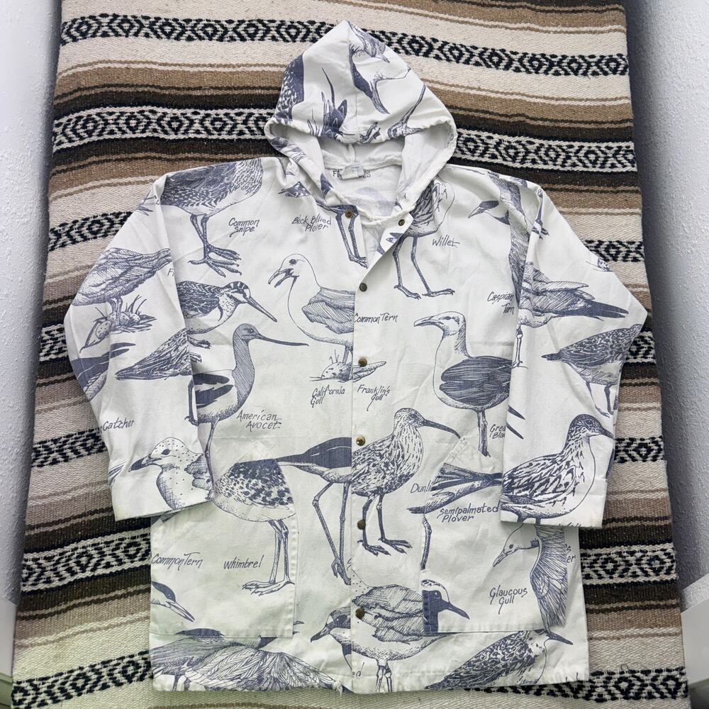Vintage 80's Michigan Rag Co. White Birds Snap Canvas Anorak Hooded Jacket Sz M